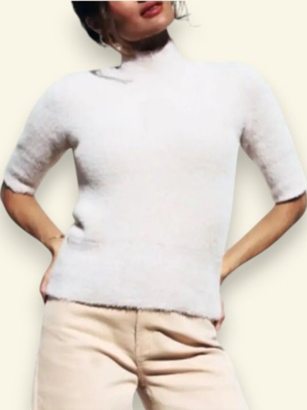 Marled high mock neck half sleeve knit sweater cream women's size L